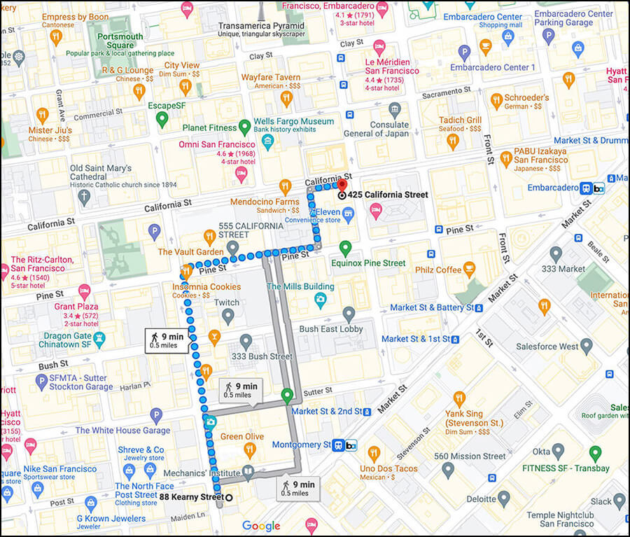 Map of distance from 88 Kearny Street to 425 California Street.